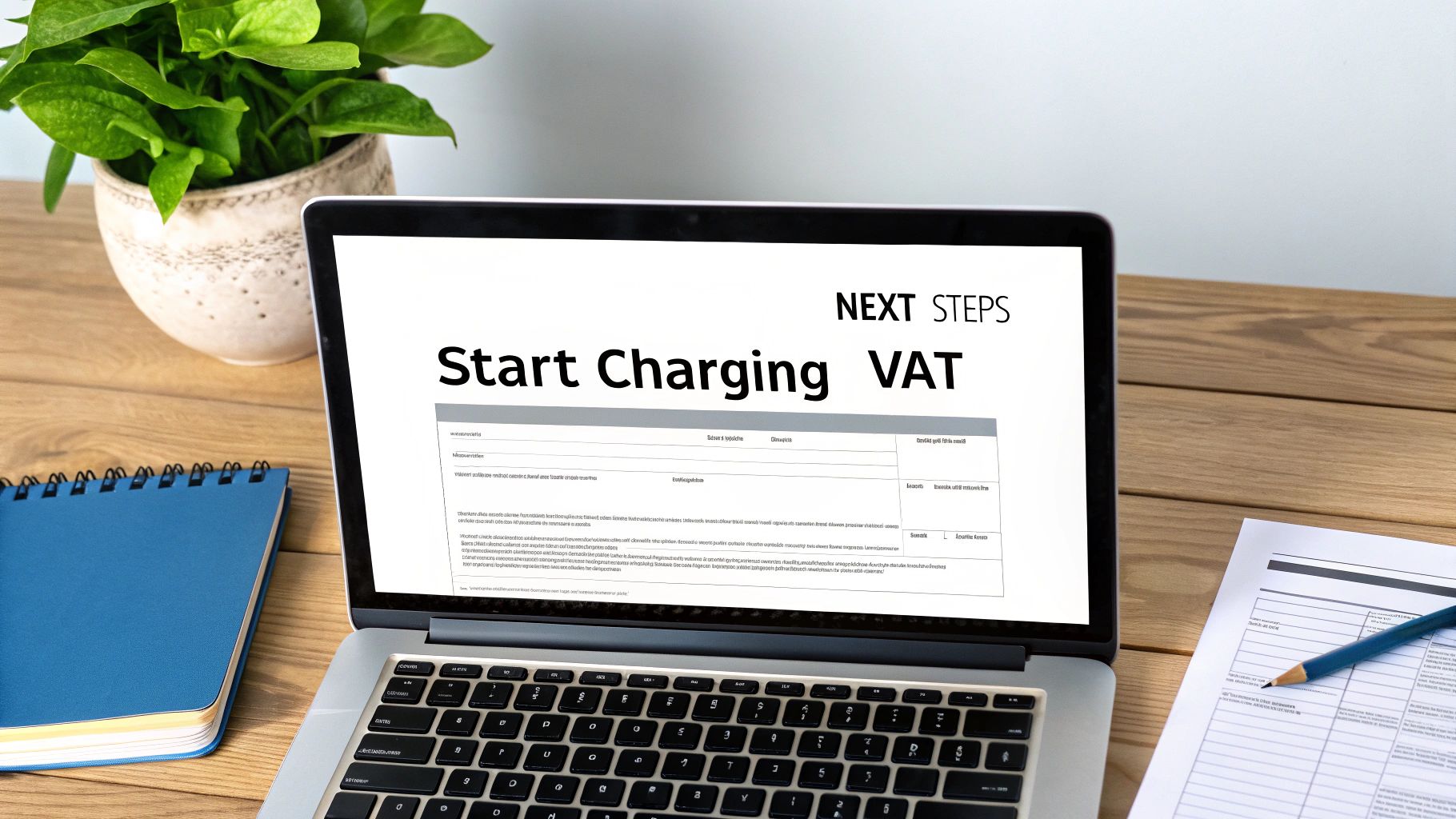 A laptop displays 'Start Charging VAT' next to a green plant, notebook, and papers on a wooden desk.