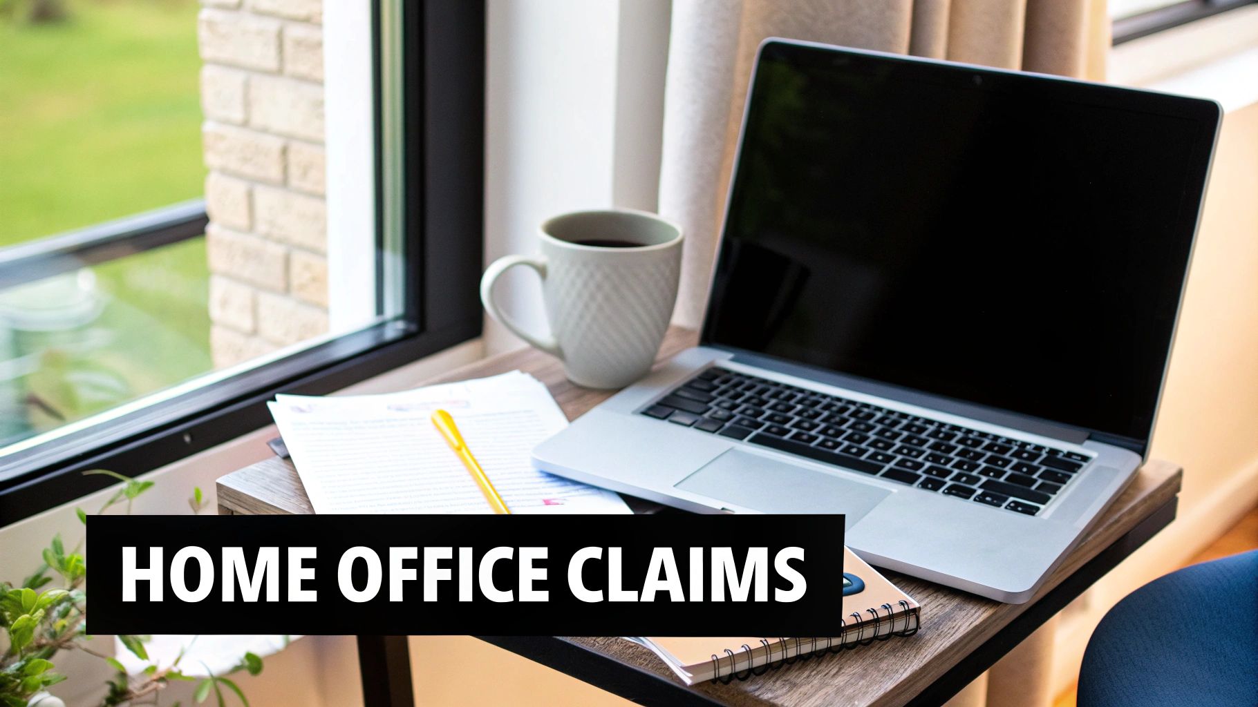 Home office setup with laptop, coffee mug, papers on a desk by a window. Text: HOME OFFICE CLAIMS.