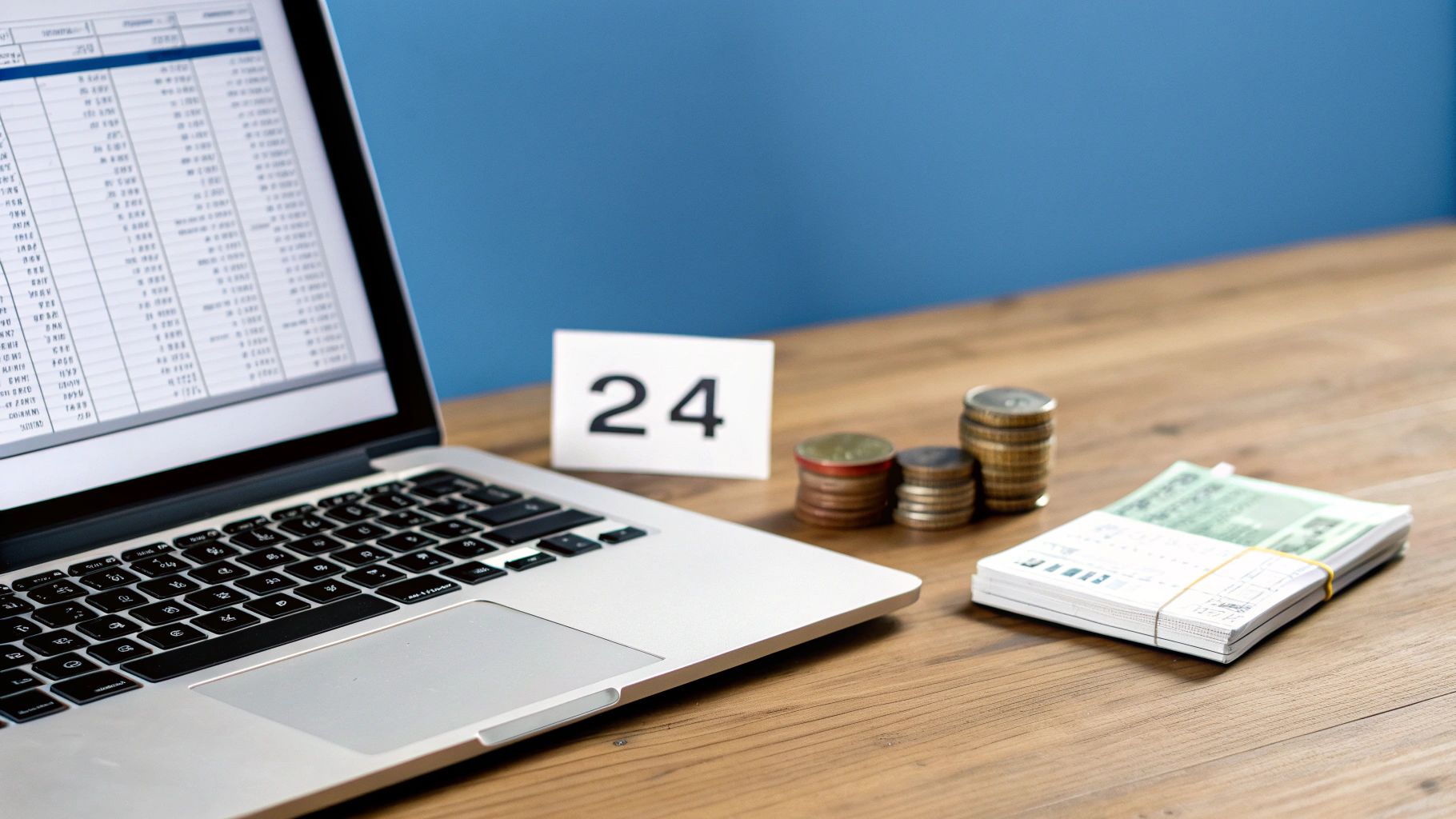 Laptop displaying a financial spreadsheet, stacks of coins, banknotes, and a '24' card on a wooden desk.