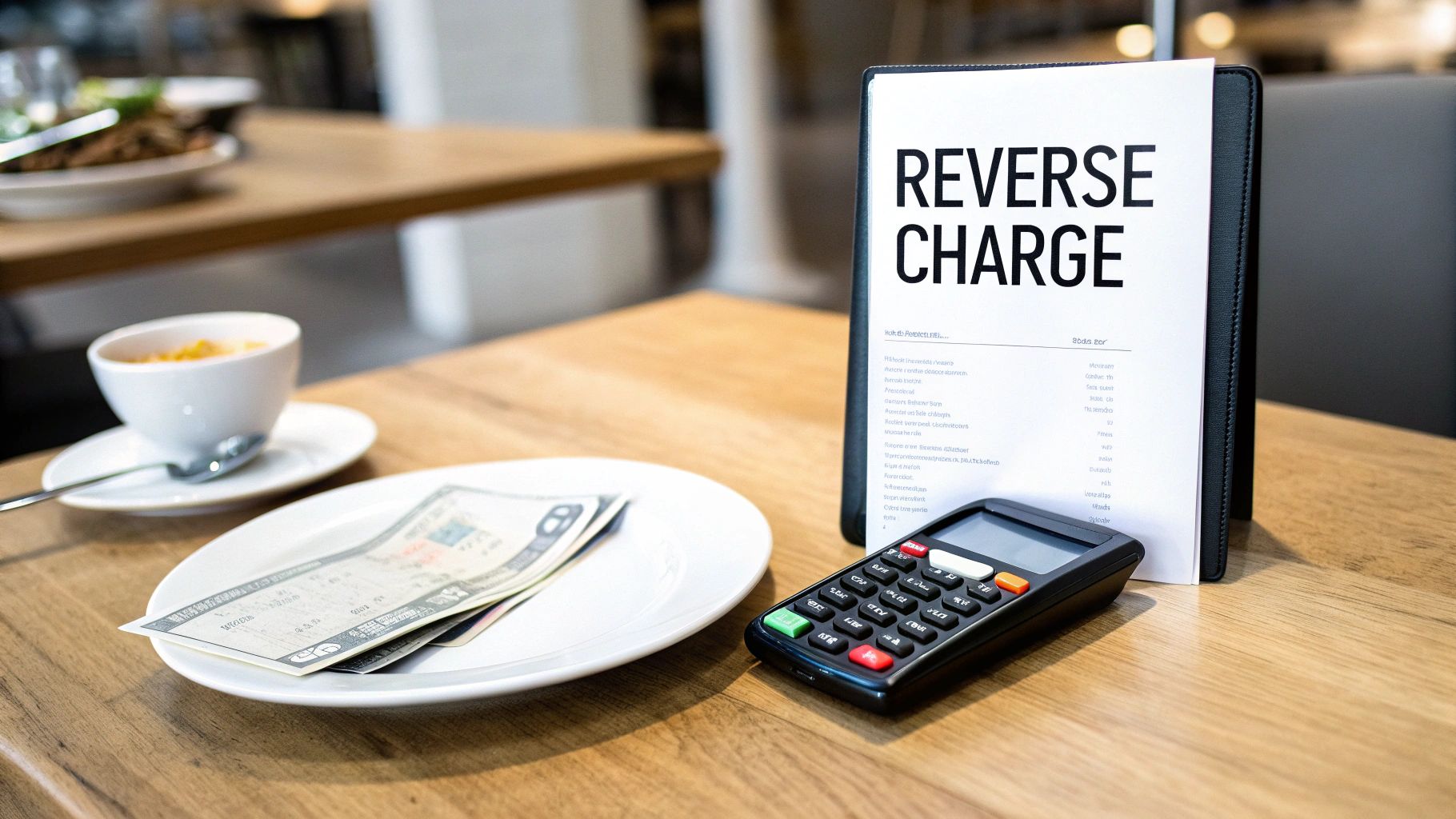 A document titled 'Reverse Charge' stands on a wooden table next to a calculator, money on a plate, and a coffee cup.