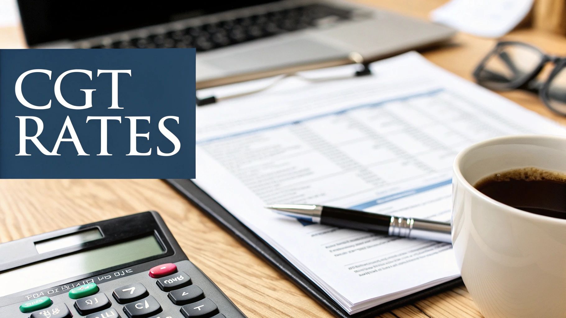 A chart showing rising property values with stacks of coins, representing capital gains tax rates