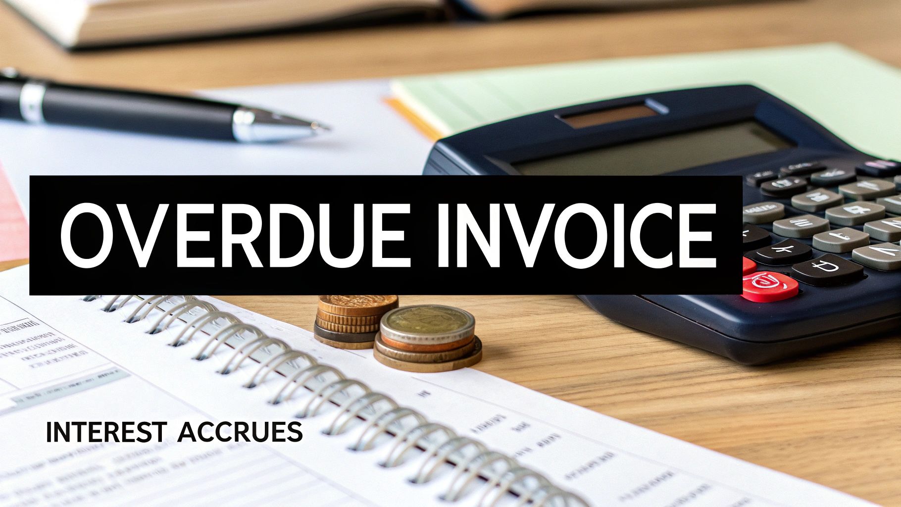 A desk with a calculator, pen, and coins, featuring 'OVERDUE INVOICE' and 'INTEREST ACCRUES' text.