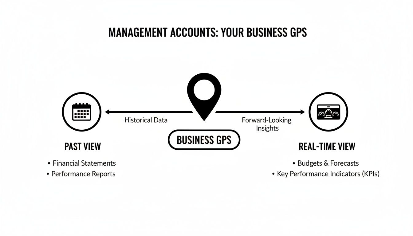 Diagram showing management accounts as a business GPS, linking past financial data with real-time insights and forecasts.