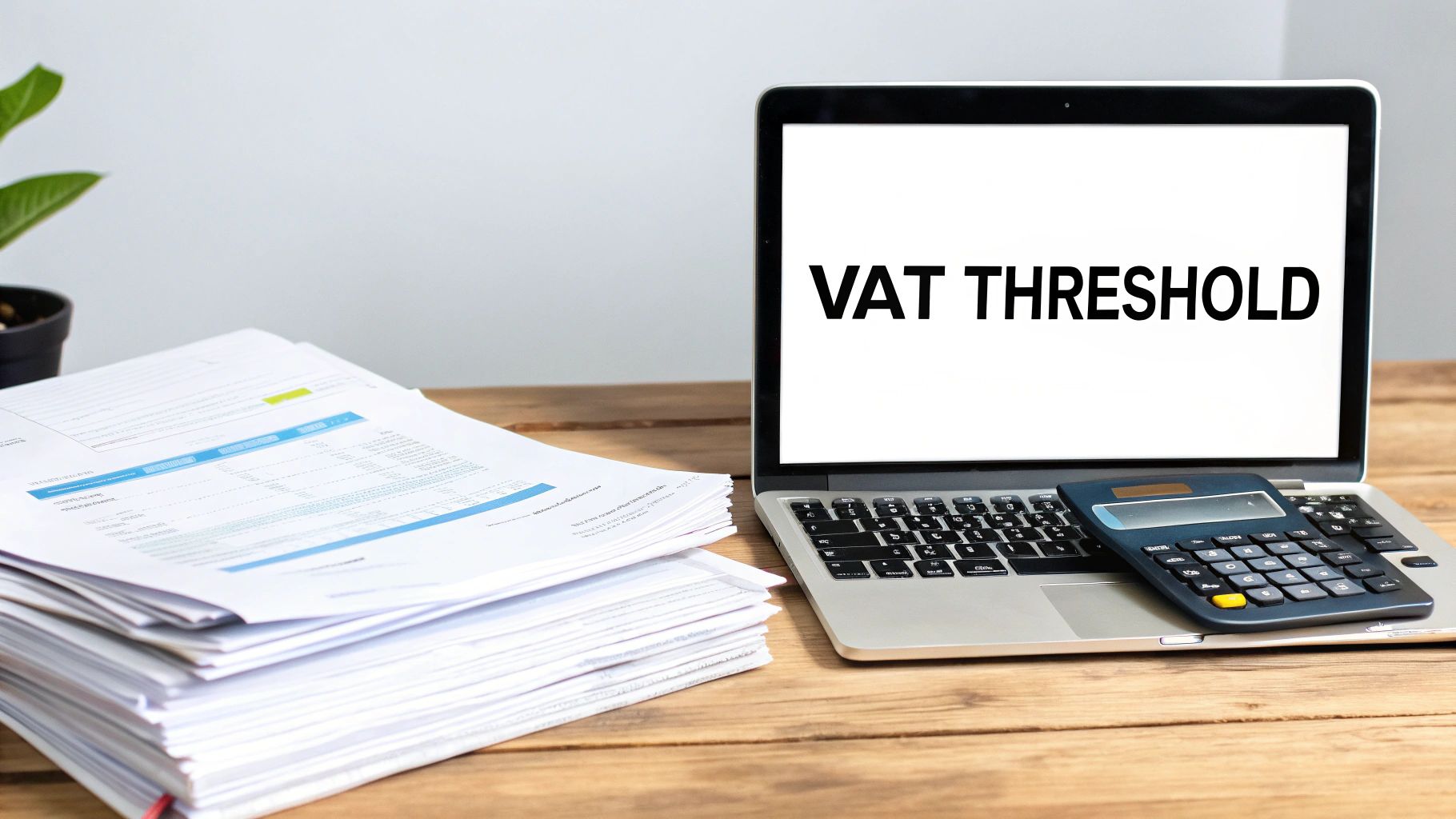 A small business owner calculating finances on a laptop, representing the VAT registration limit.