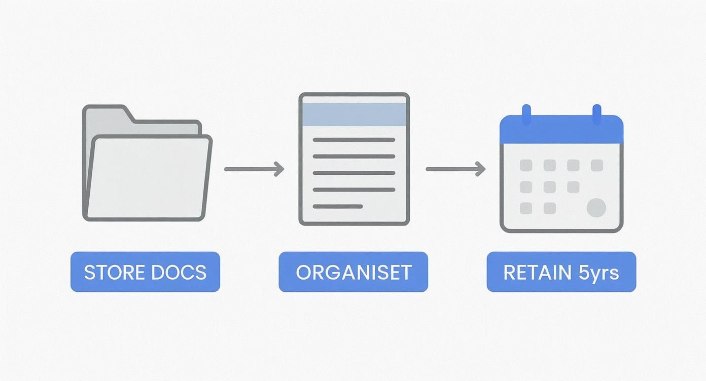 Document management workflow showing storage, organization and five year retention process for tax records