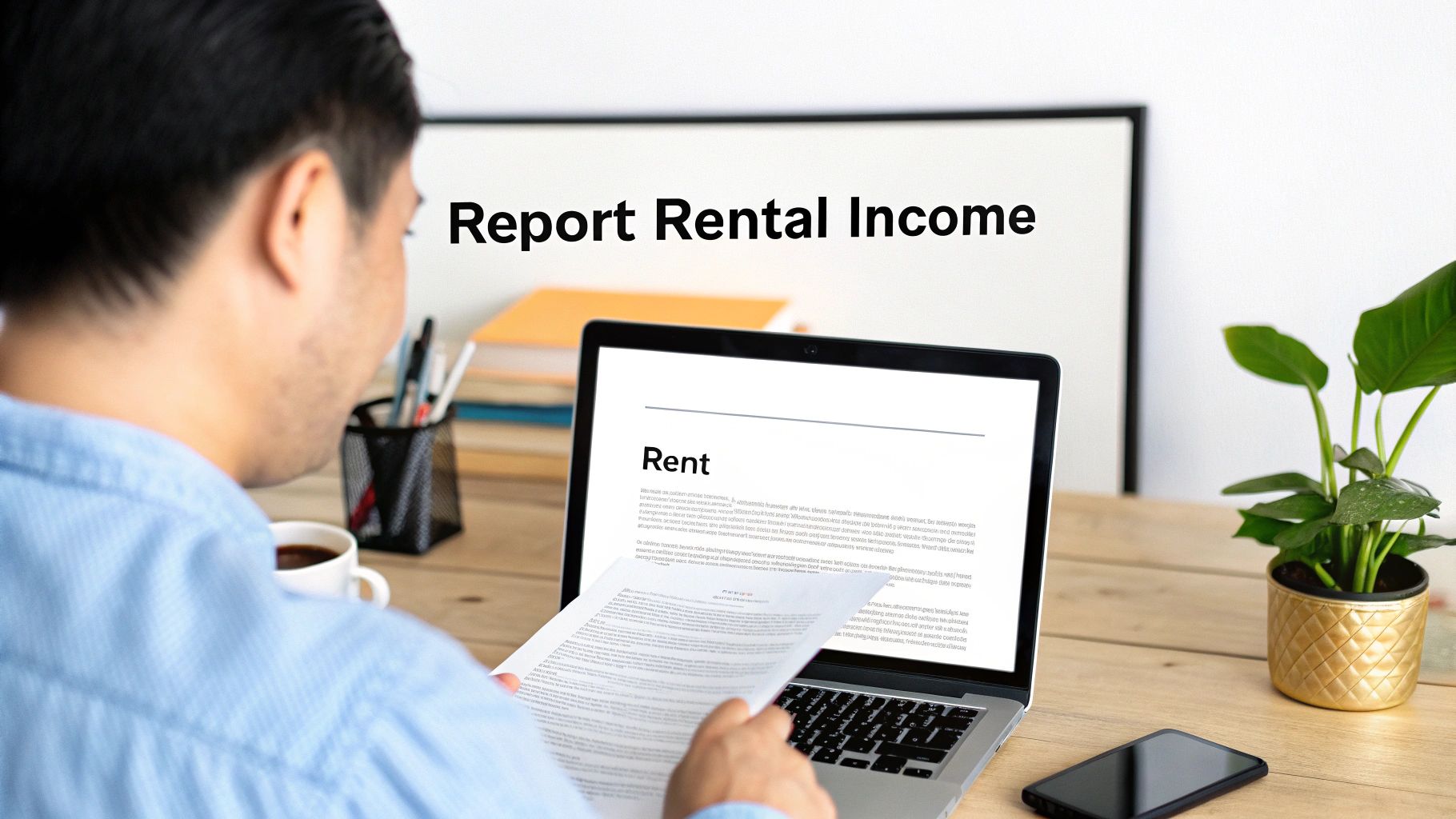Man reviewing rental income documents on laptop to report property rental tax return