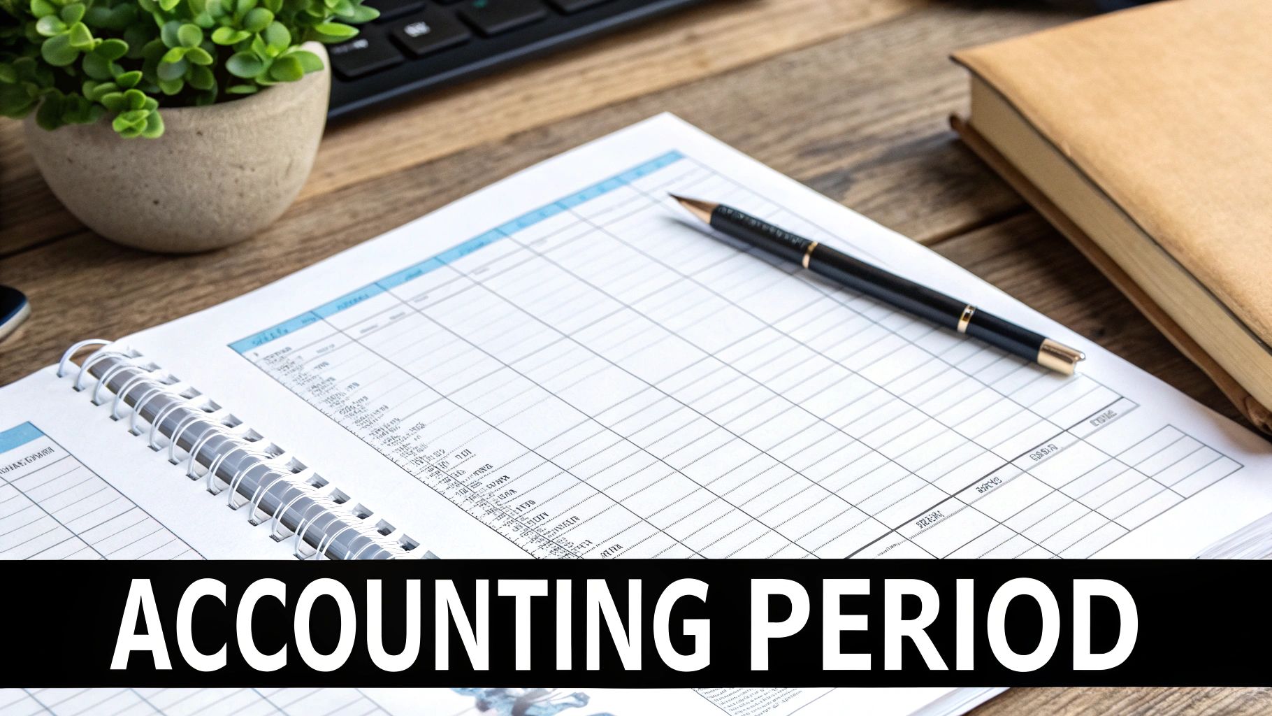 An open accounting ledger with a pen, a plant, and a book on a wooden desk, labeled 'ACCOUNTING PERIOD'.