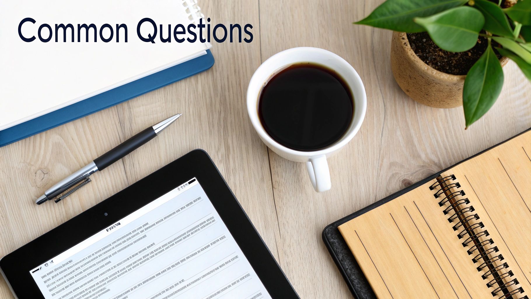 A flat lay of a wooden desk with a notebook showing "Common Questions", a coffee cup, tablet, and pen.