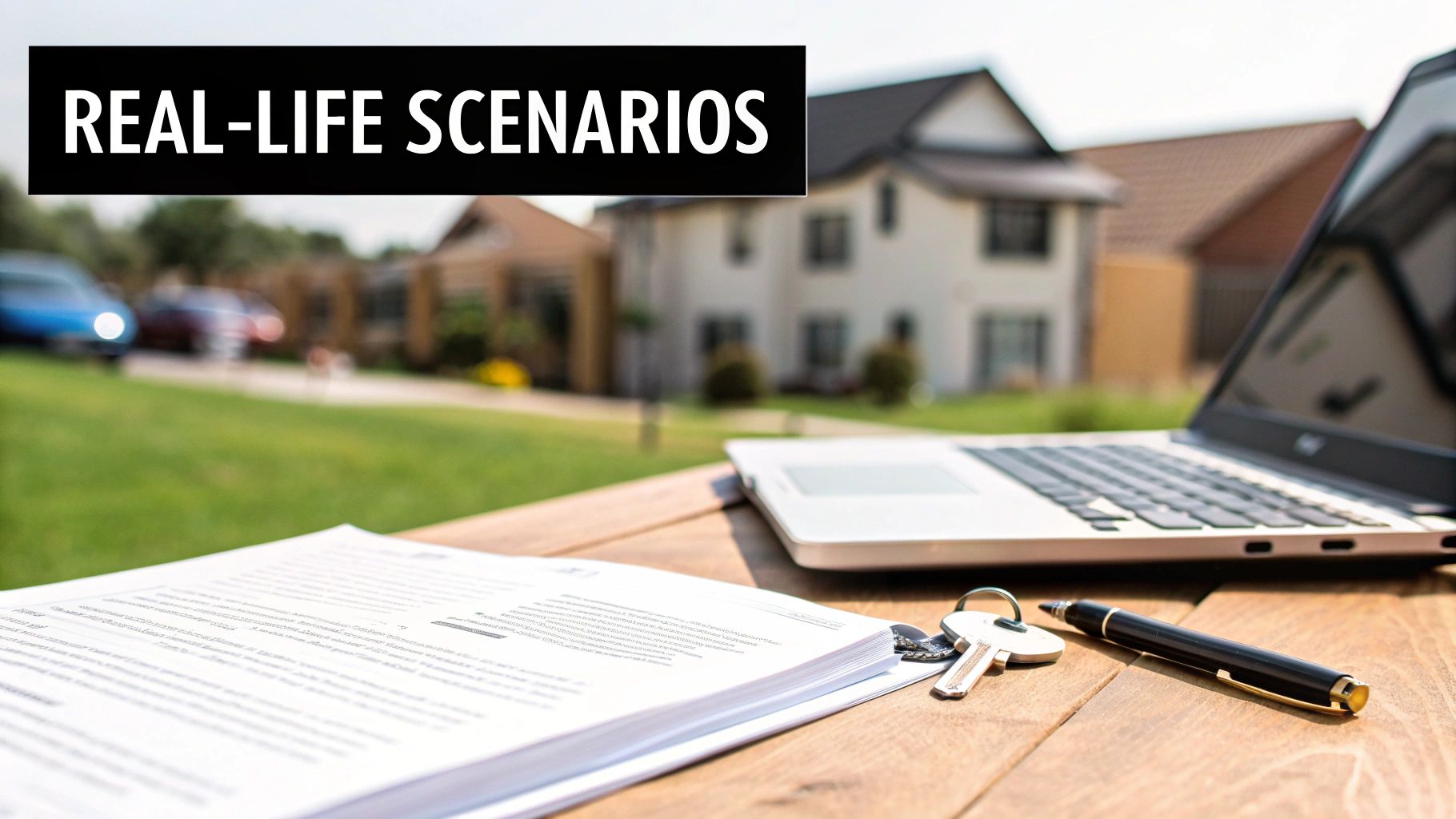 Documents, house keys, laptop, and pen on a wooden table outdoors with residential homes in the background. Text: REAL-LIFE SCENARIOS.