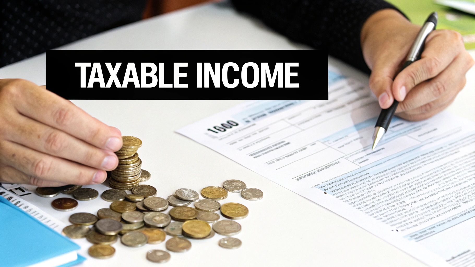 Hands calculating taxable income with coins and a tax form on a white desk.