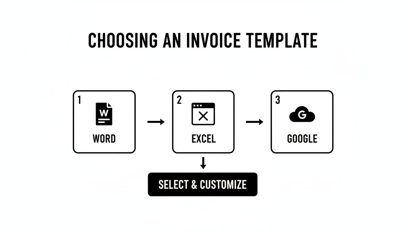 Infographic illustrates choosing invoice templates from Word, Excel, or Google, with a final step to select and customize.