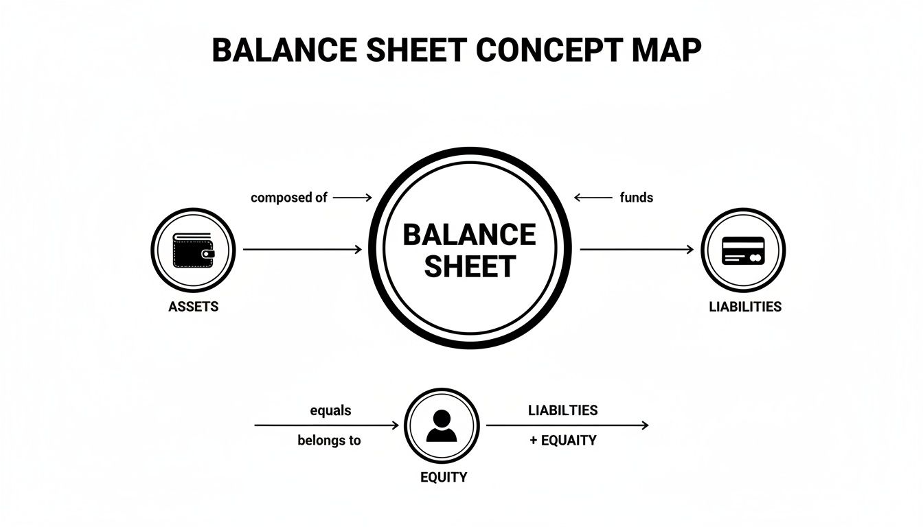 A balance sheet concept map illustrating the relationship between assets, liabilities, and equity in financial accounting.