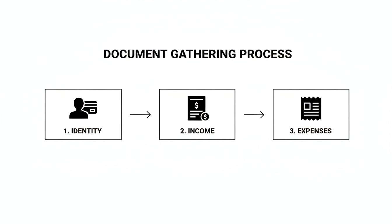 Flowchart illustrating a three-step document gathering process for identity, income, and expenses.