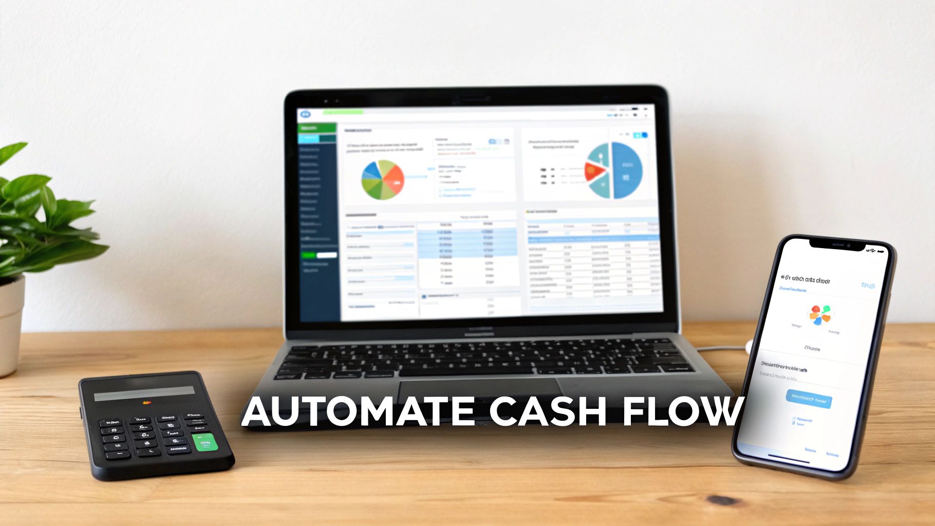 A laptop, calculator, and smartphone on a wooden desk, displaying financial charts and data for cash flow automation.