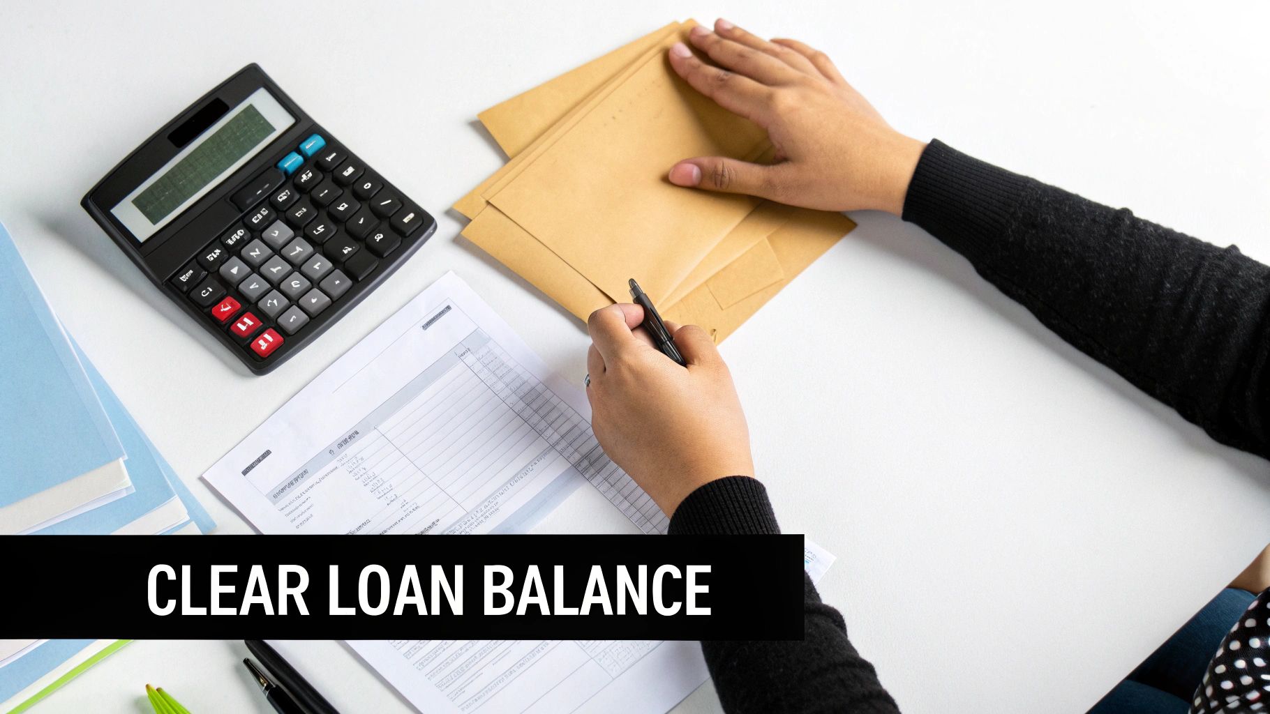 Hands calculating finances with a calculator, documents, and envelopes on a white desk.