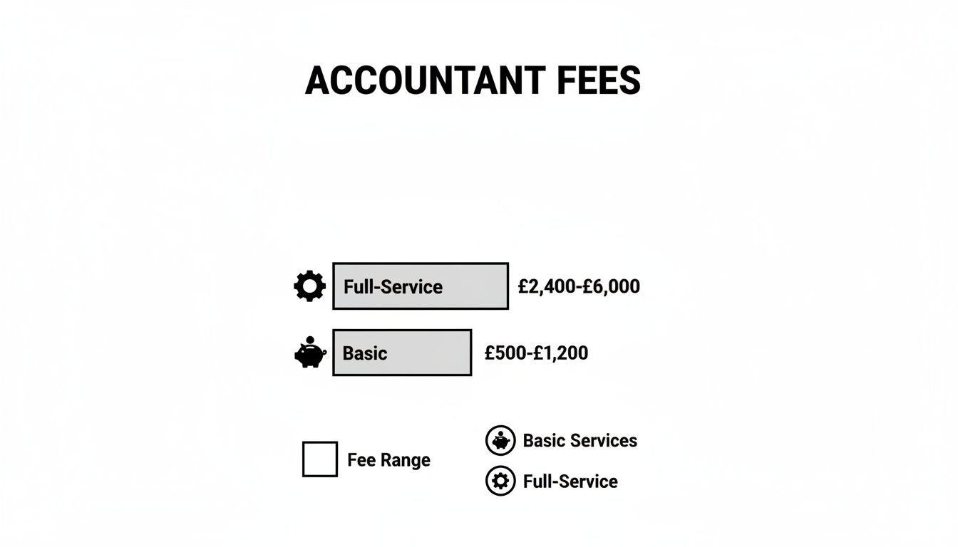 Accountant fees breakdown table showing full-service costs &pound;2,400-&pound;6,000 and basic services &pound;500-&pound;1,200.