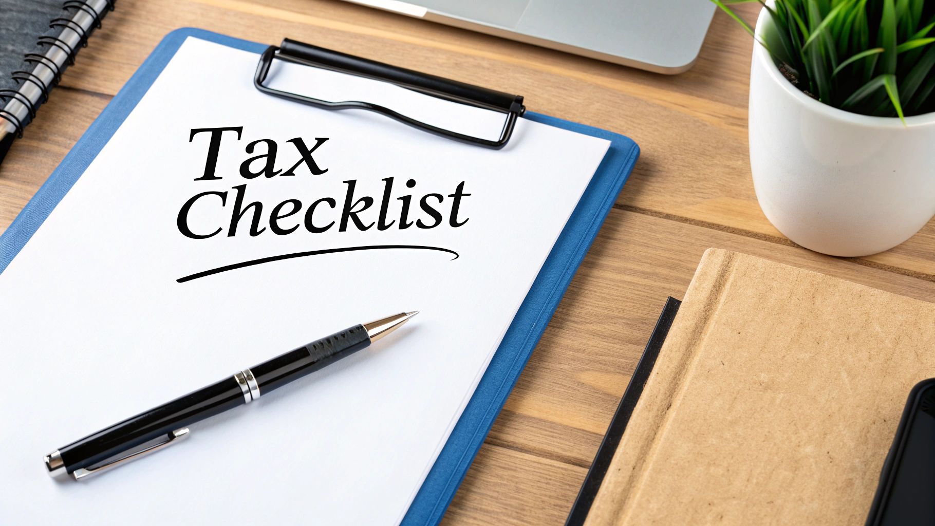 Checklist with a pen and calculator