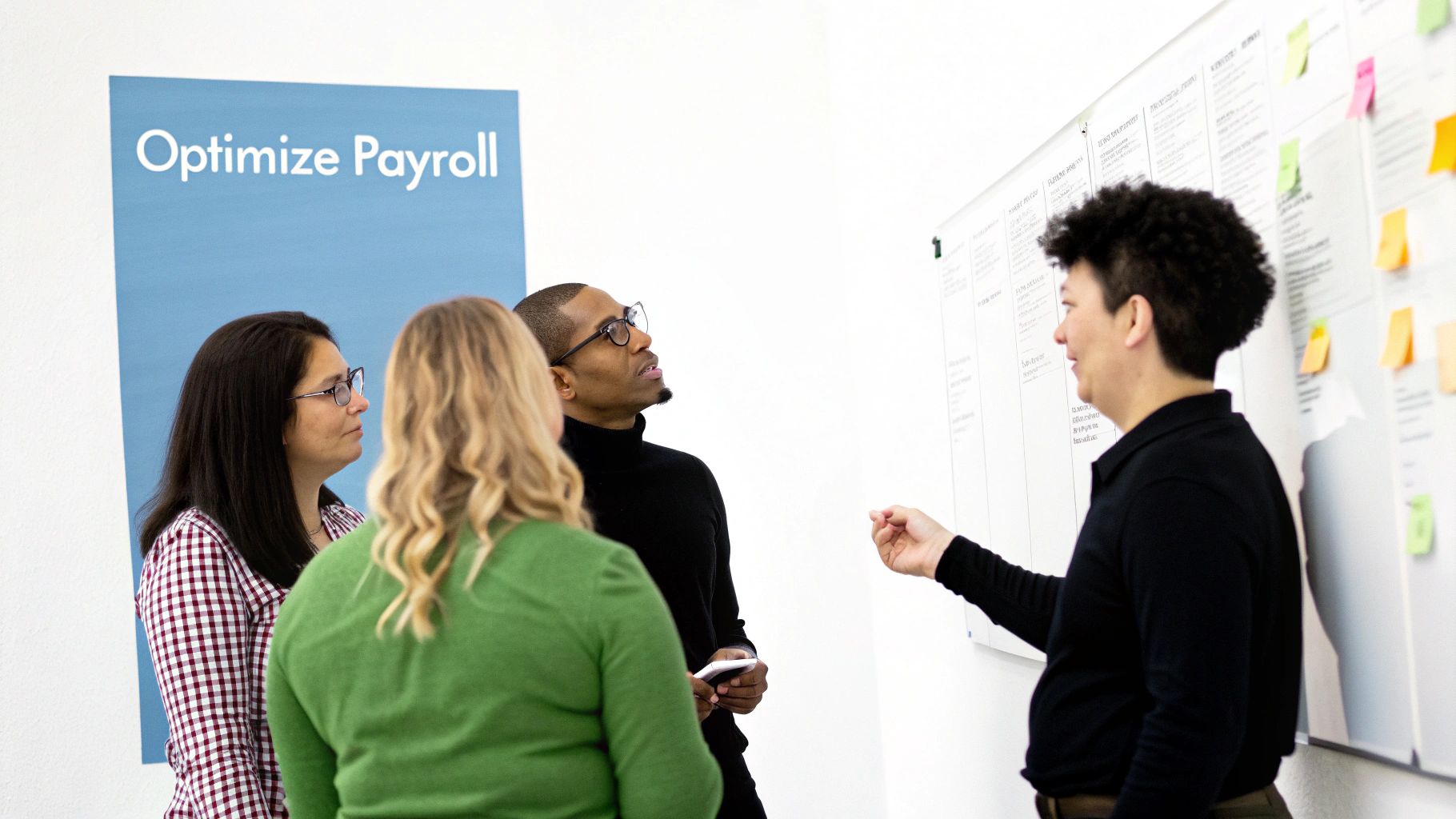 Diverse team collaborating on payroll optimization, discussing ideas on a whiteboard in an office.