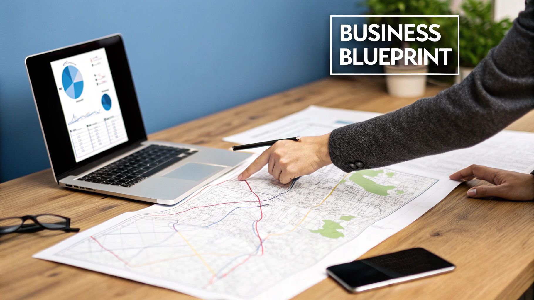 A person points at a map on a wooden desk with a laptop showing financial charts, a smartphone, and glasses, implying business planning.