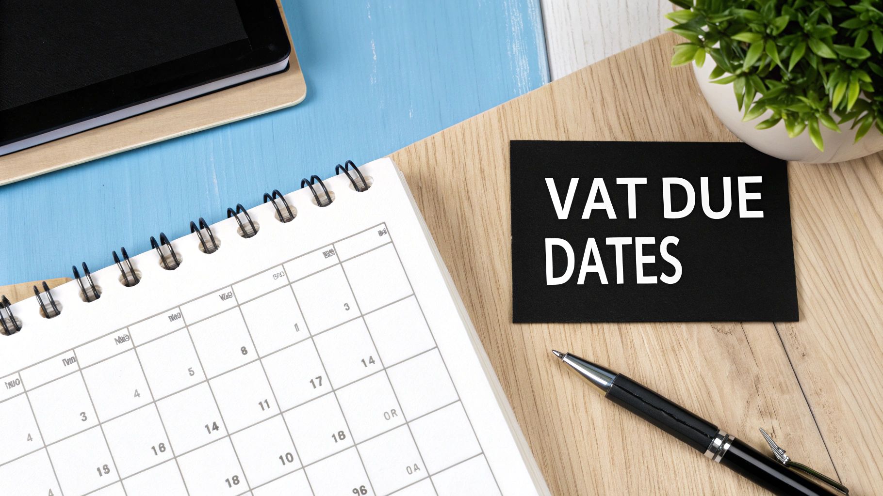 A calendar with a calculator and pen, highlighting important tax dates.