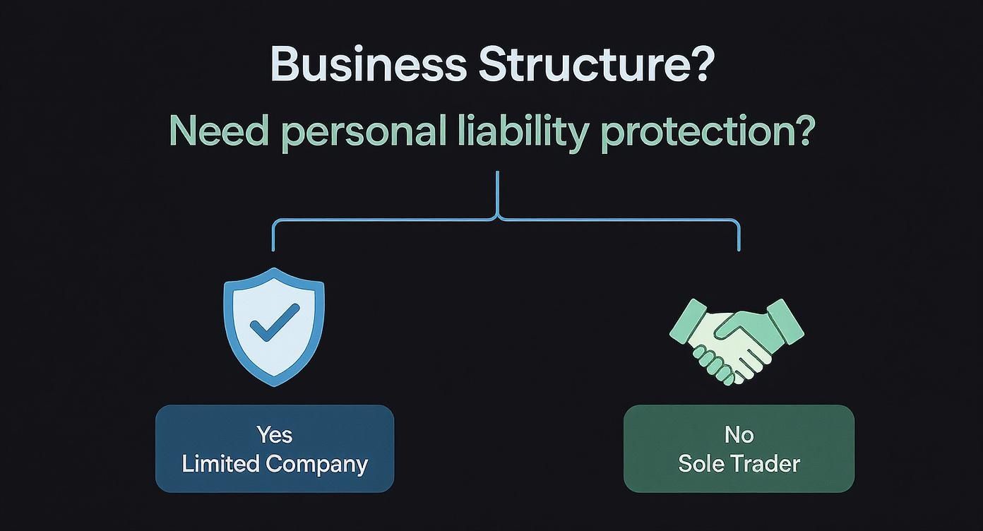 A flowchart asking 'Need personal liability protection?' leading to 'Yes: Limited Company' or 'No: Sole Trader'.