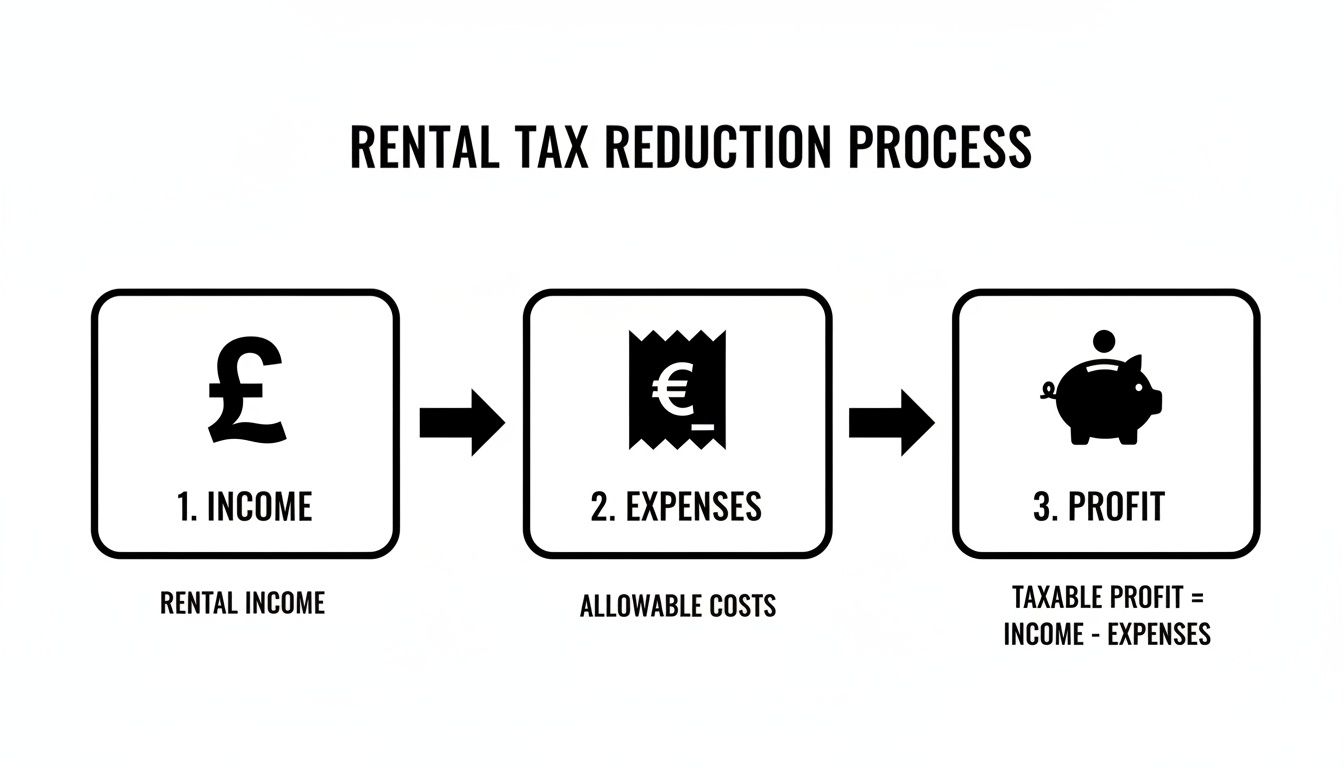 Flowchart illustrating the rental tax reduction process, from income to expenses to taxable profit.