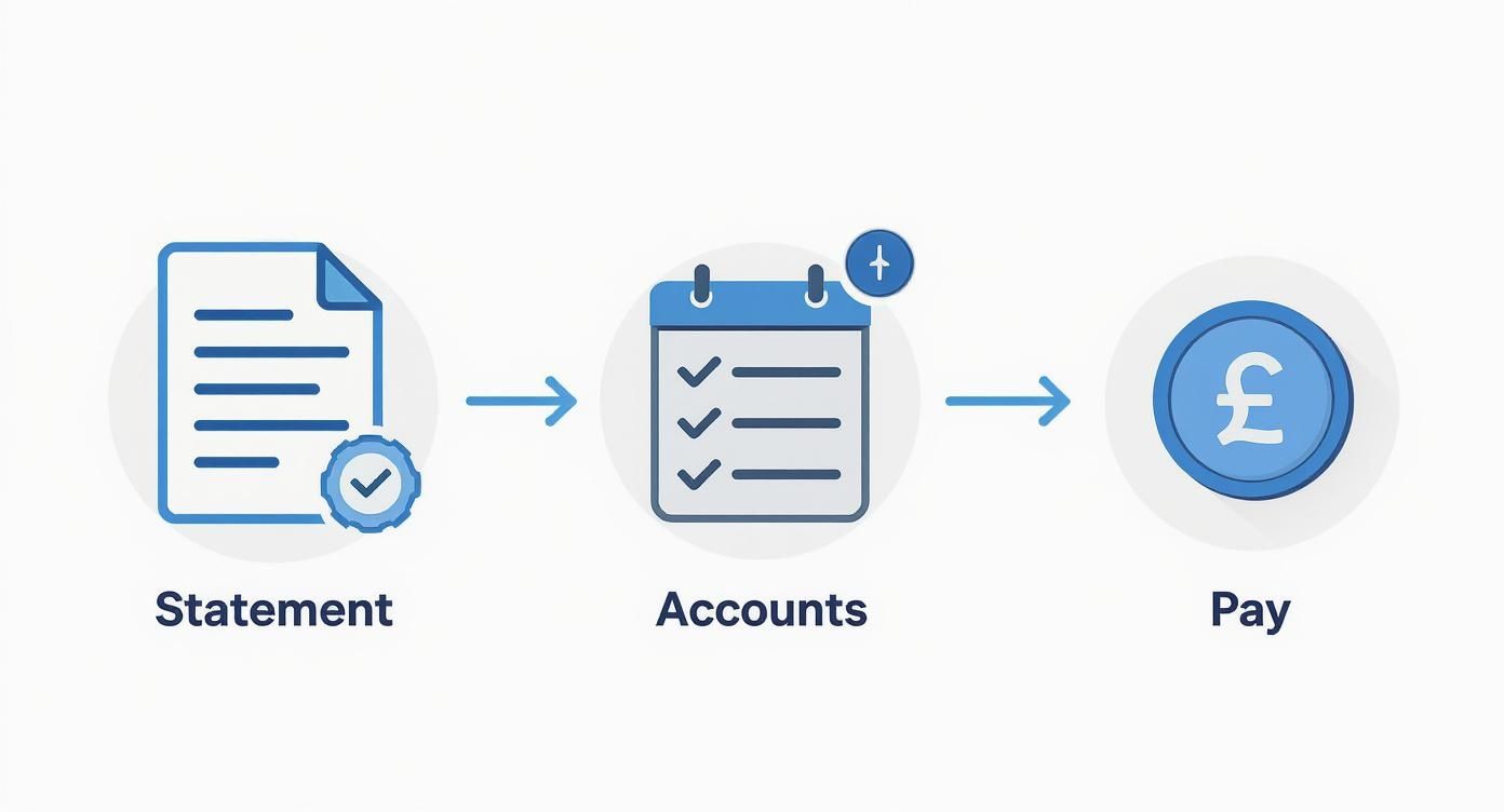 A three-step process showing a statement document, managing accounts on a calendar, and making a payment with a pound coin.