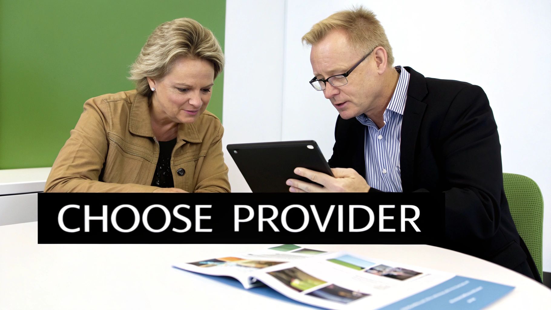 Two professionals, a woman and a man, discussing information on a tablet in an office setting.