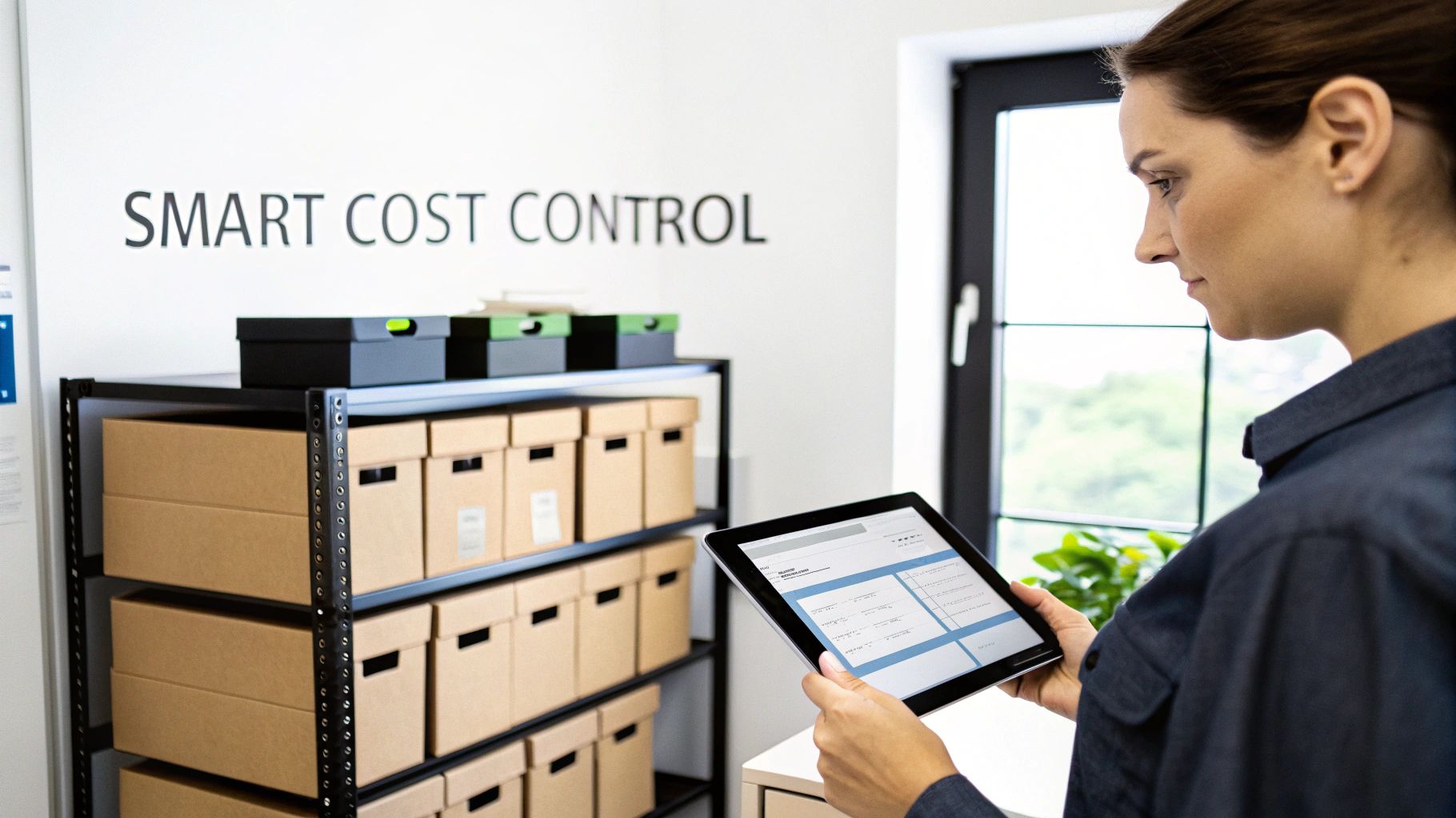 A woman reviews data on a tablet in an office with a 'SMART COST CONTROL' sign.