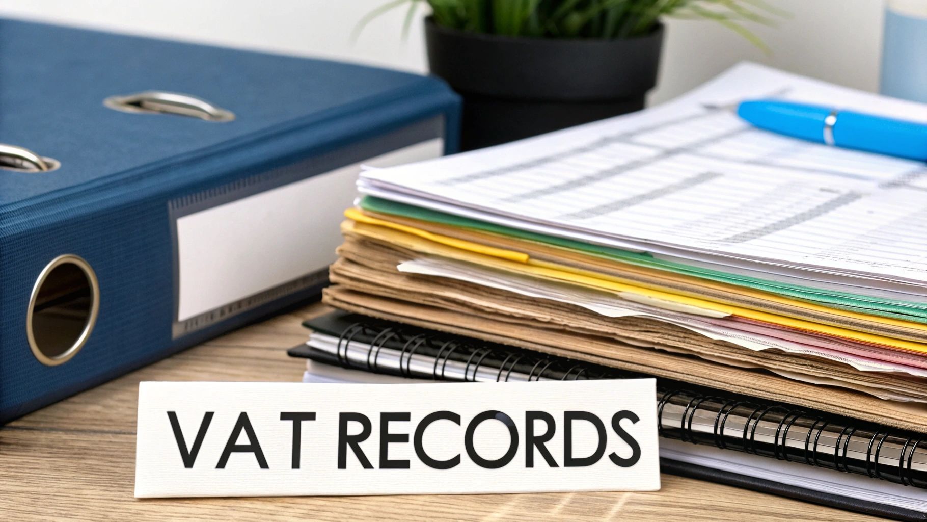 Close-up of a desk with a 'VAT RECORDS' sign, a blue binder, and a stack of financial documents.