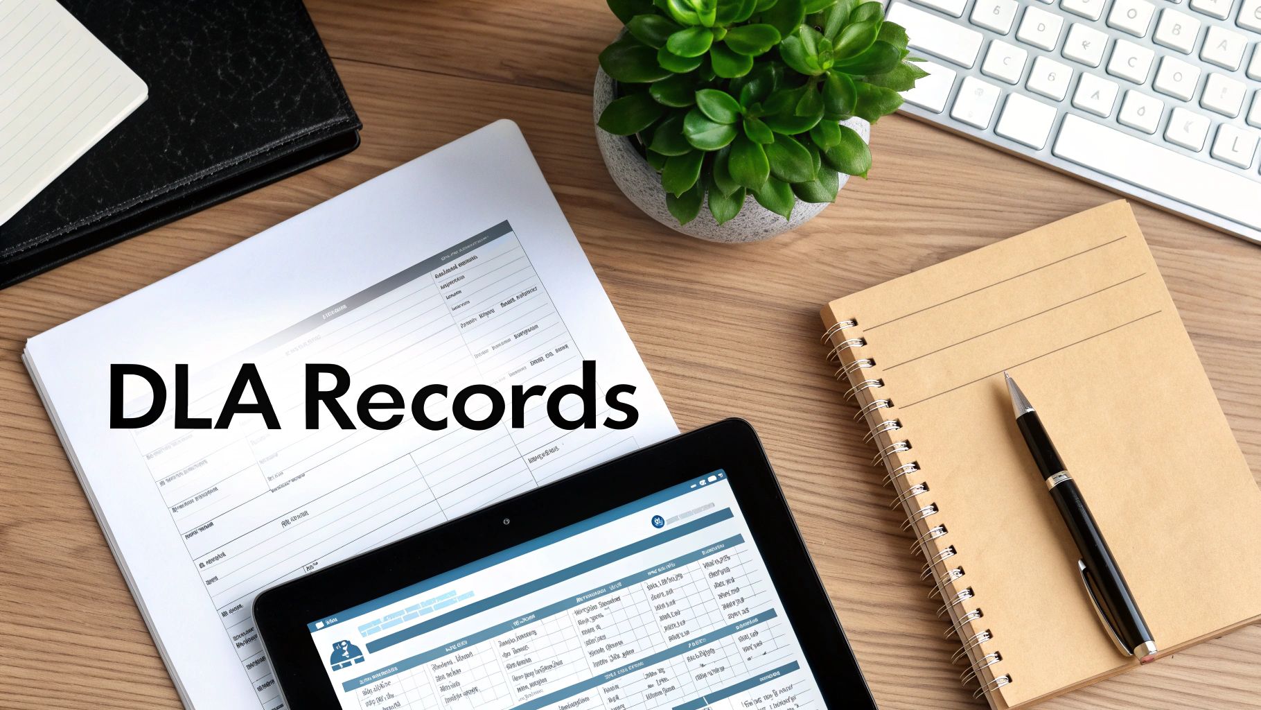 Ledger book and pen used for keeping DLA records