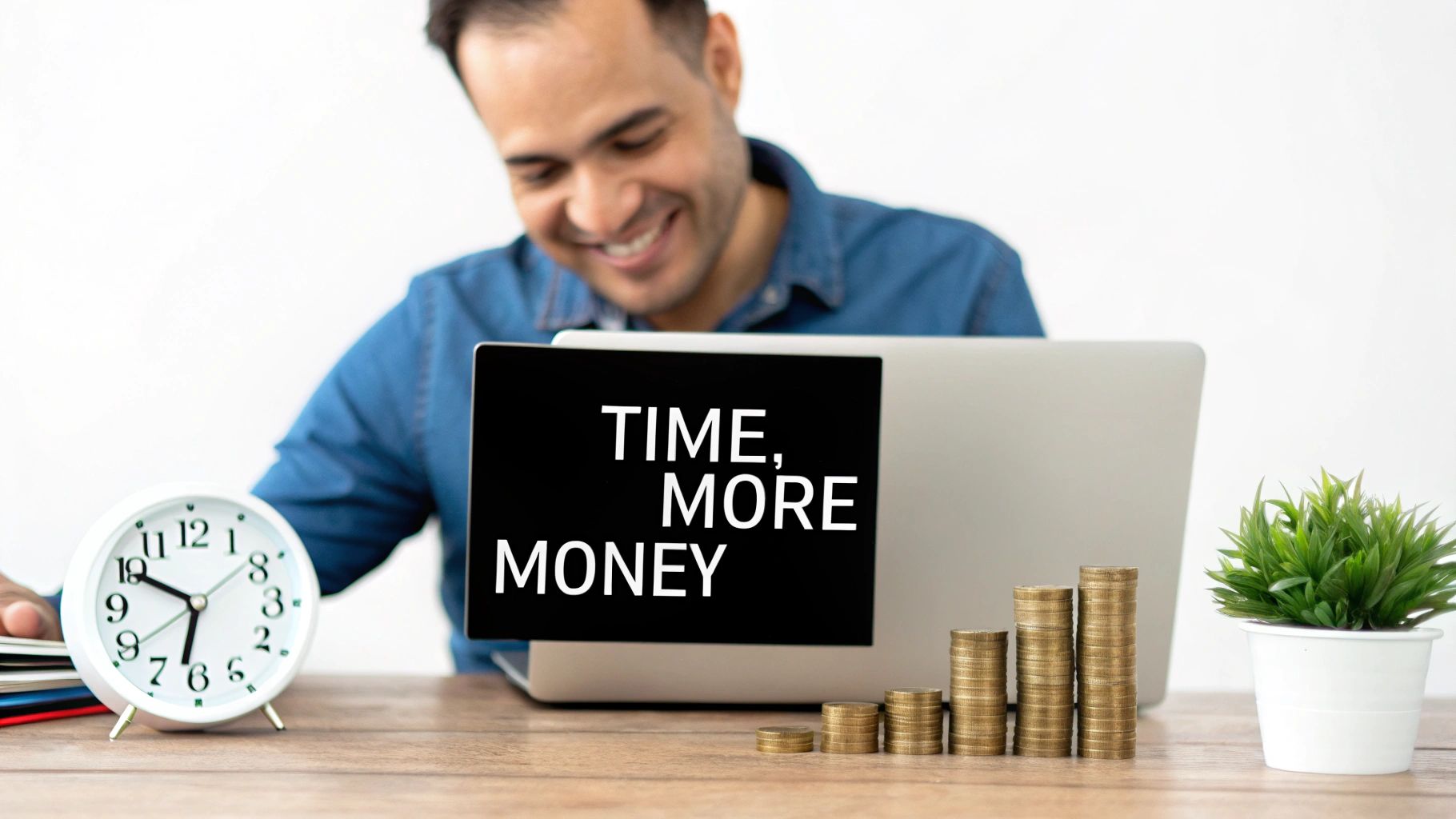 A smiling man works at a desk with a laptop displaying 'TIME, MORE MONEY,' an alarm clock, and coin stacks.