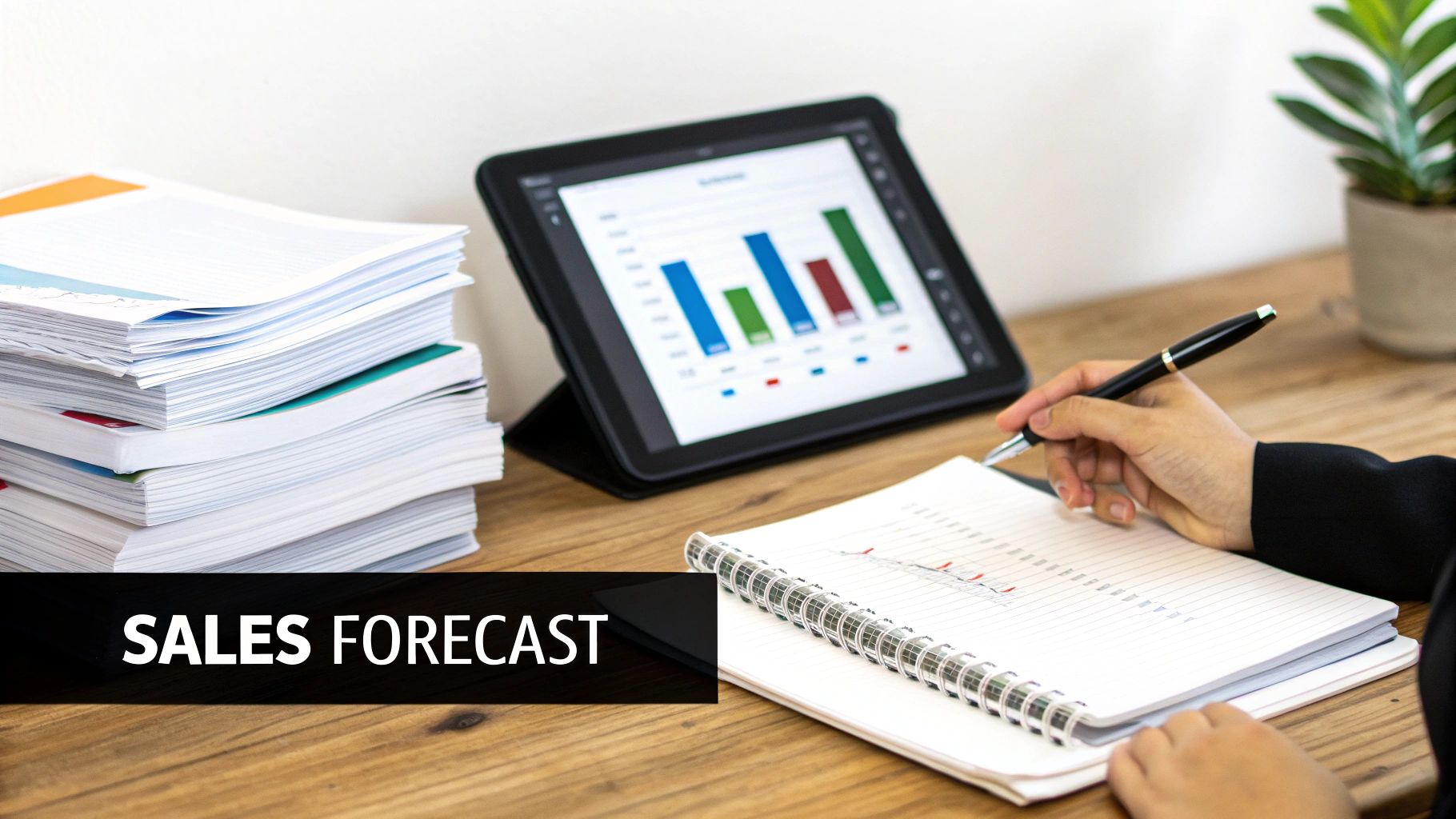 A person writes in a notebook, with a tablet displaying a bar chart and papers on a desk.