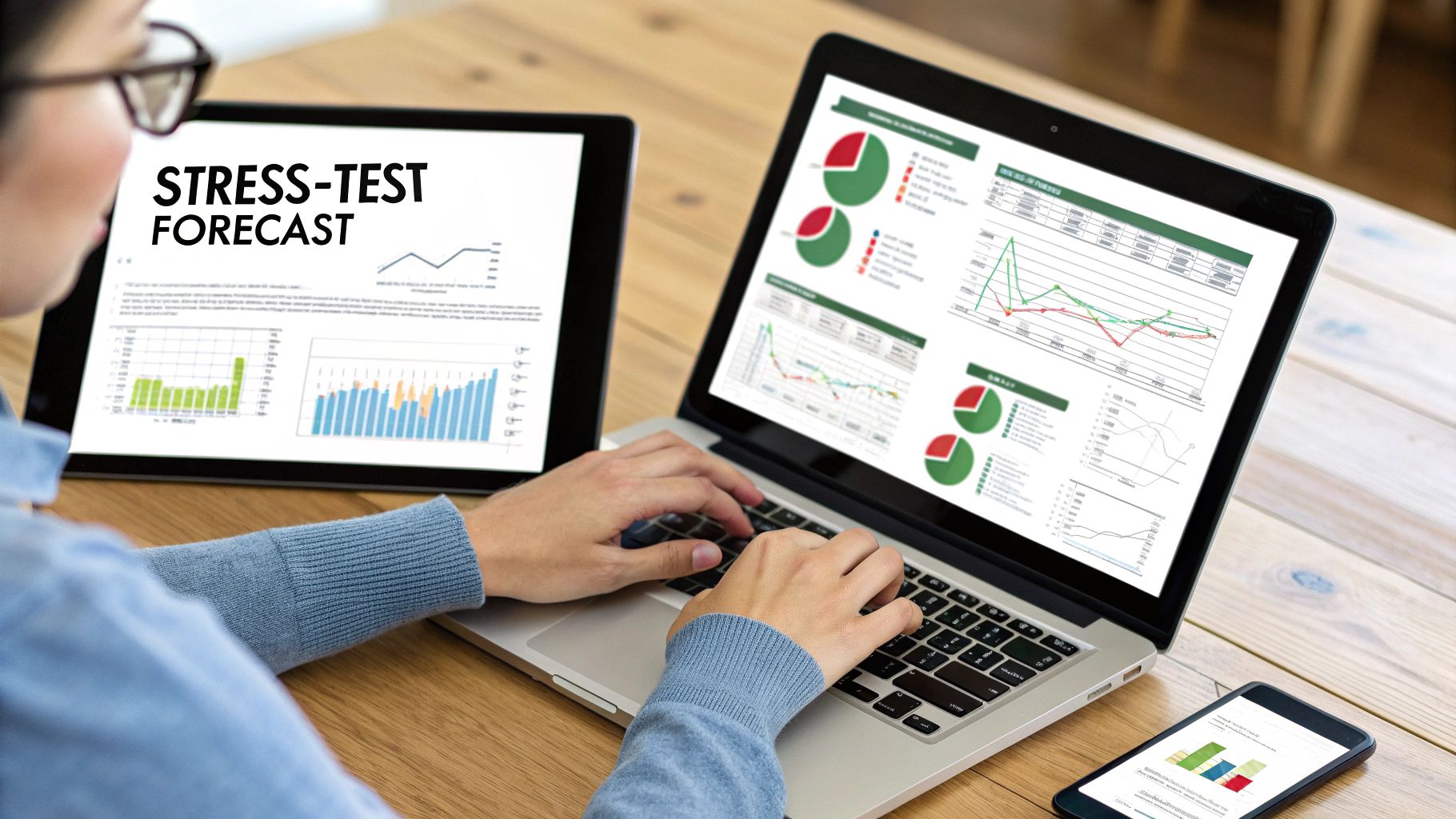 A magnifying glass hovering over a financial chart, symbolising analysis and stress-testing.