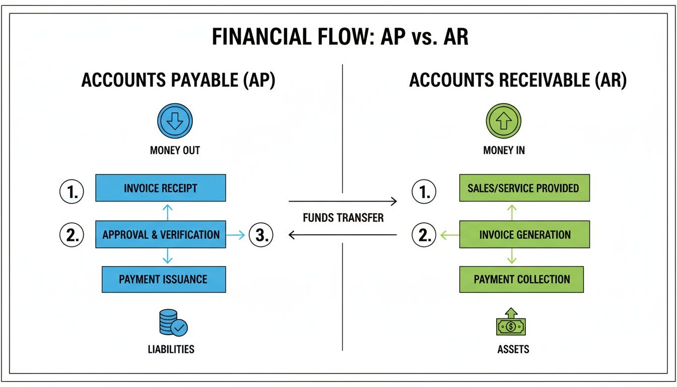 Diagram illustrating the financial flow difference between Accounts Payable (money out) and Accounts Receivable (money in).