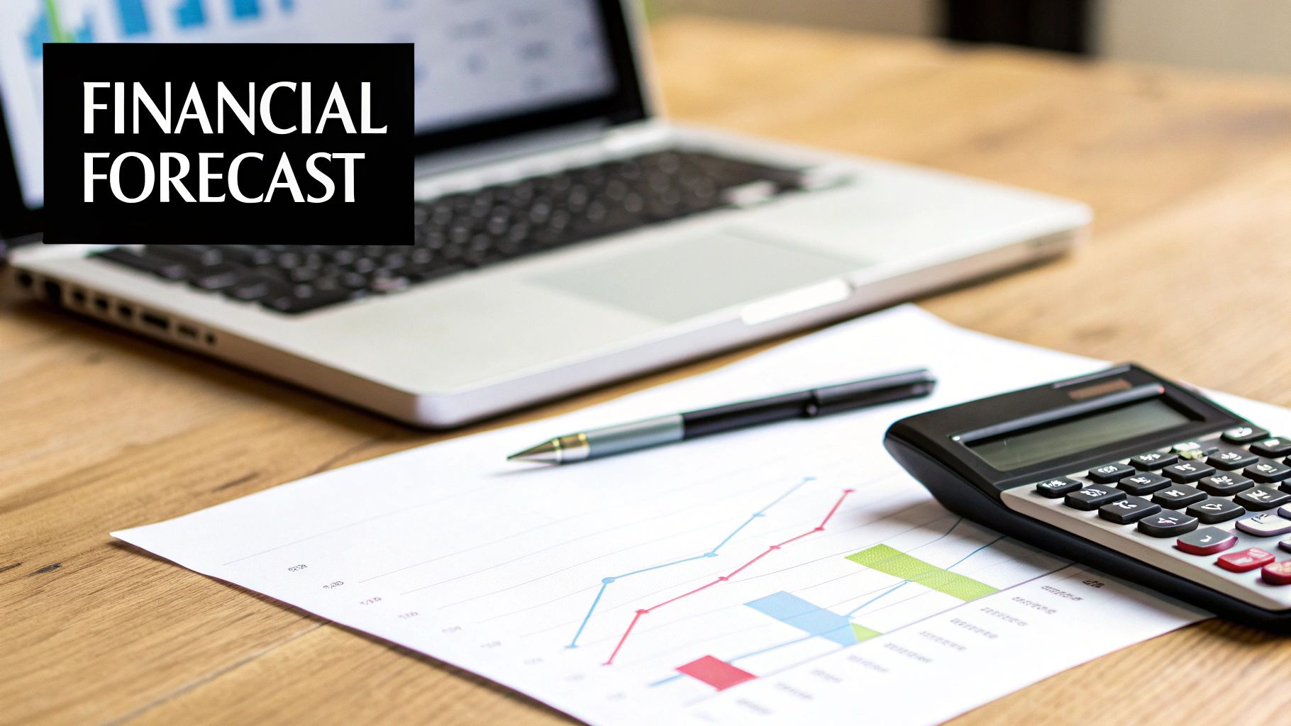 A person sitting at a desk, looking thoughtfully at a laptop screen displaying charts and text for a business plan.
