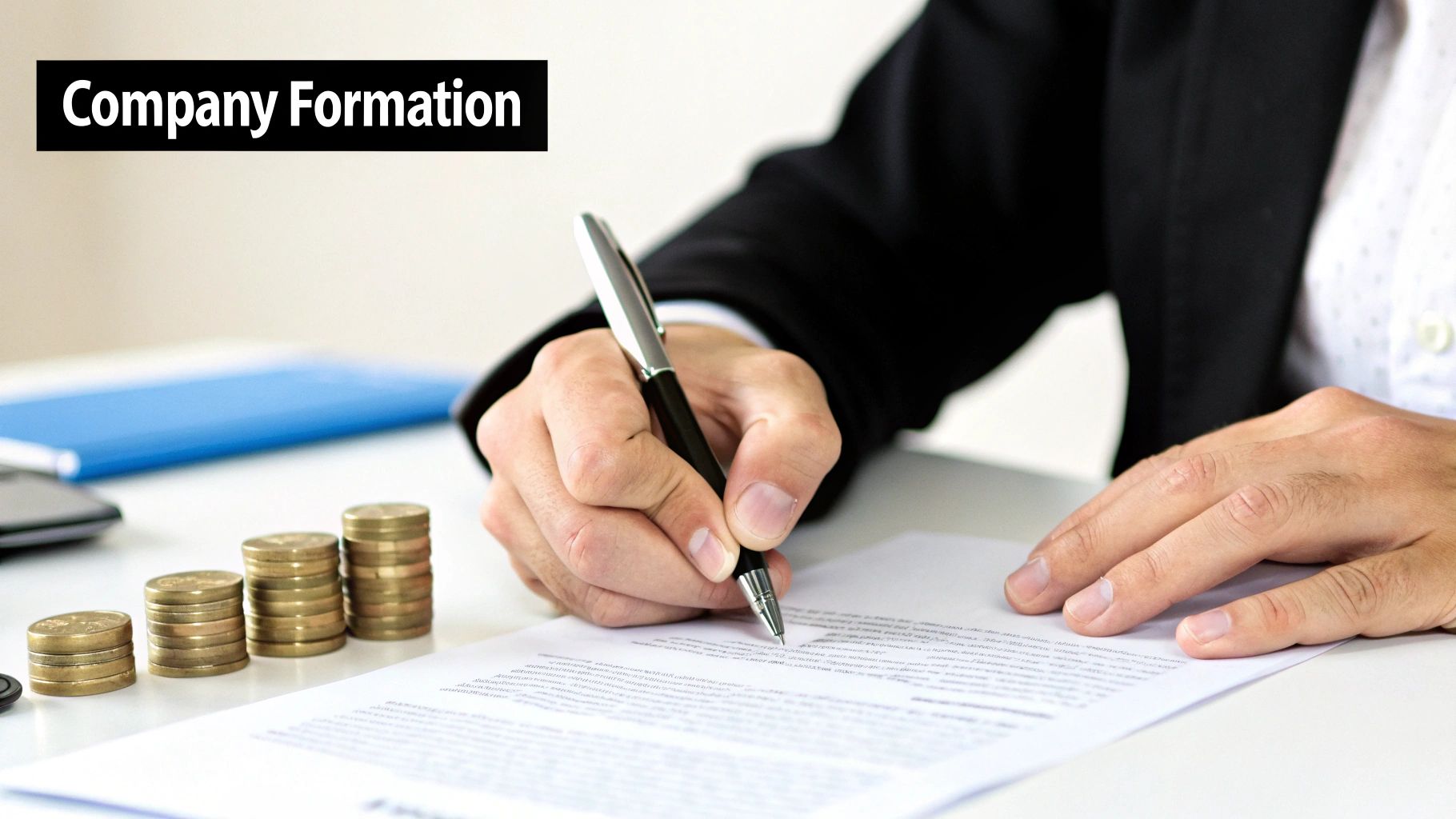 A person in a suit signing a document with a pen, with stacks of coins nearby, representing company formation.