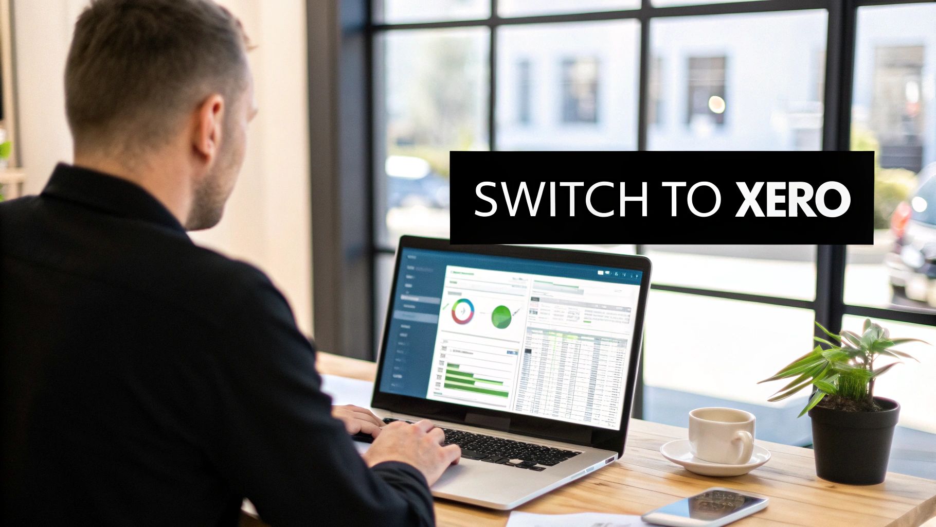 Man in black shirt working on a laptop with business software, showing 'SWITCH TO XERO' overlay.