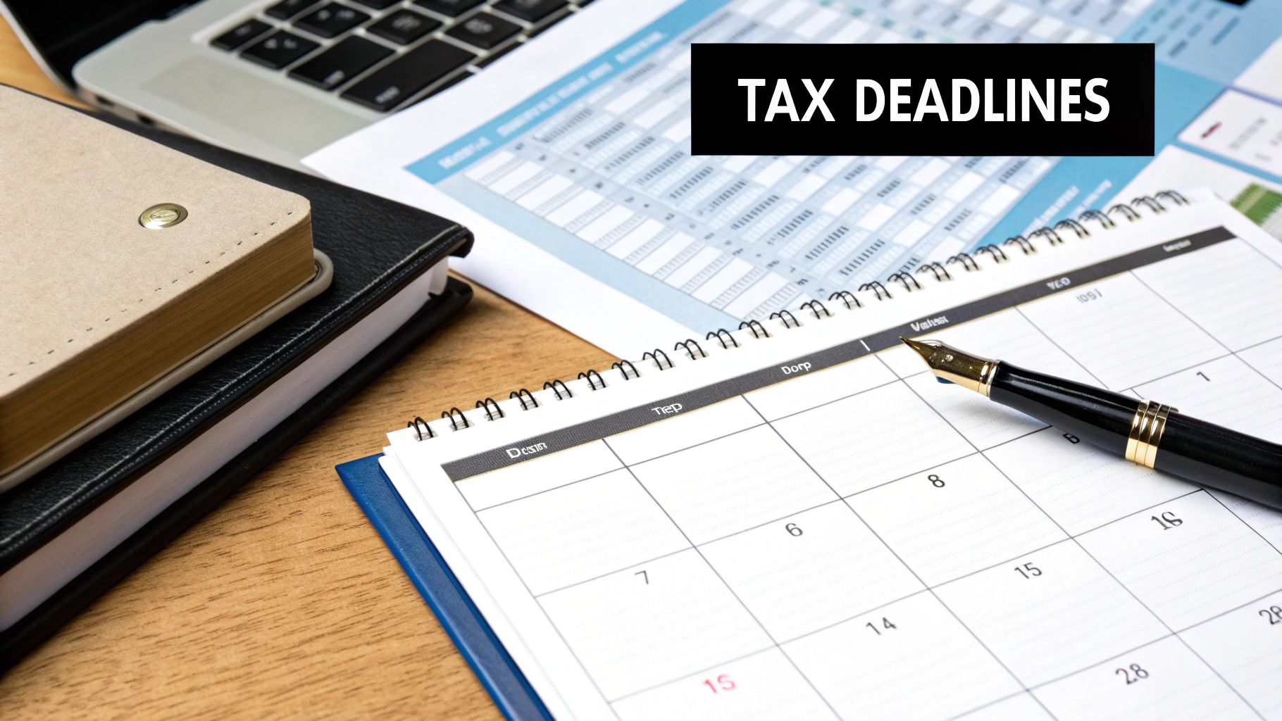 Contractor reviewing year-end financial documents on a desk with a laptop and calculator.