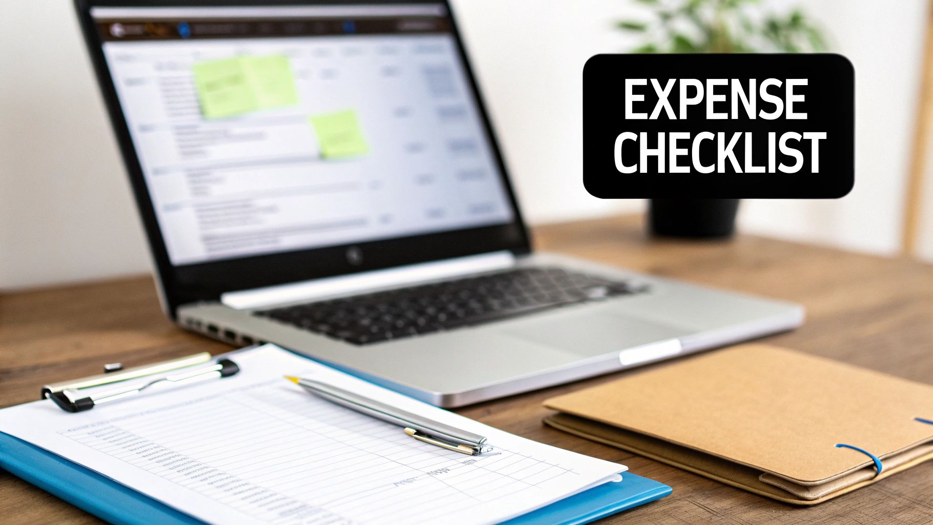 Desk setup with a laptop, clipboard, pen, and a clear 'EXPENSE CHECKLIST' text, ready for financial management.