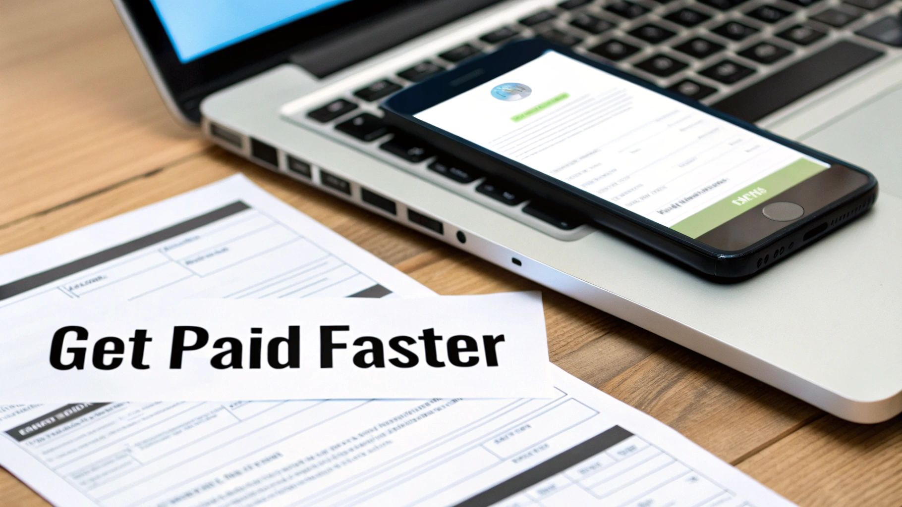 A smartphone on a laptop with documents, one says 'Get Paid Faster', symbolizing efficient payment processing.