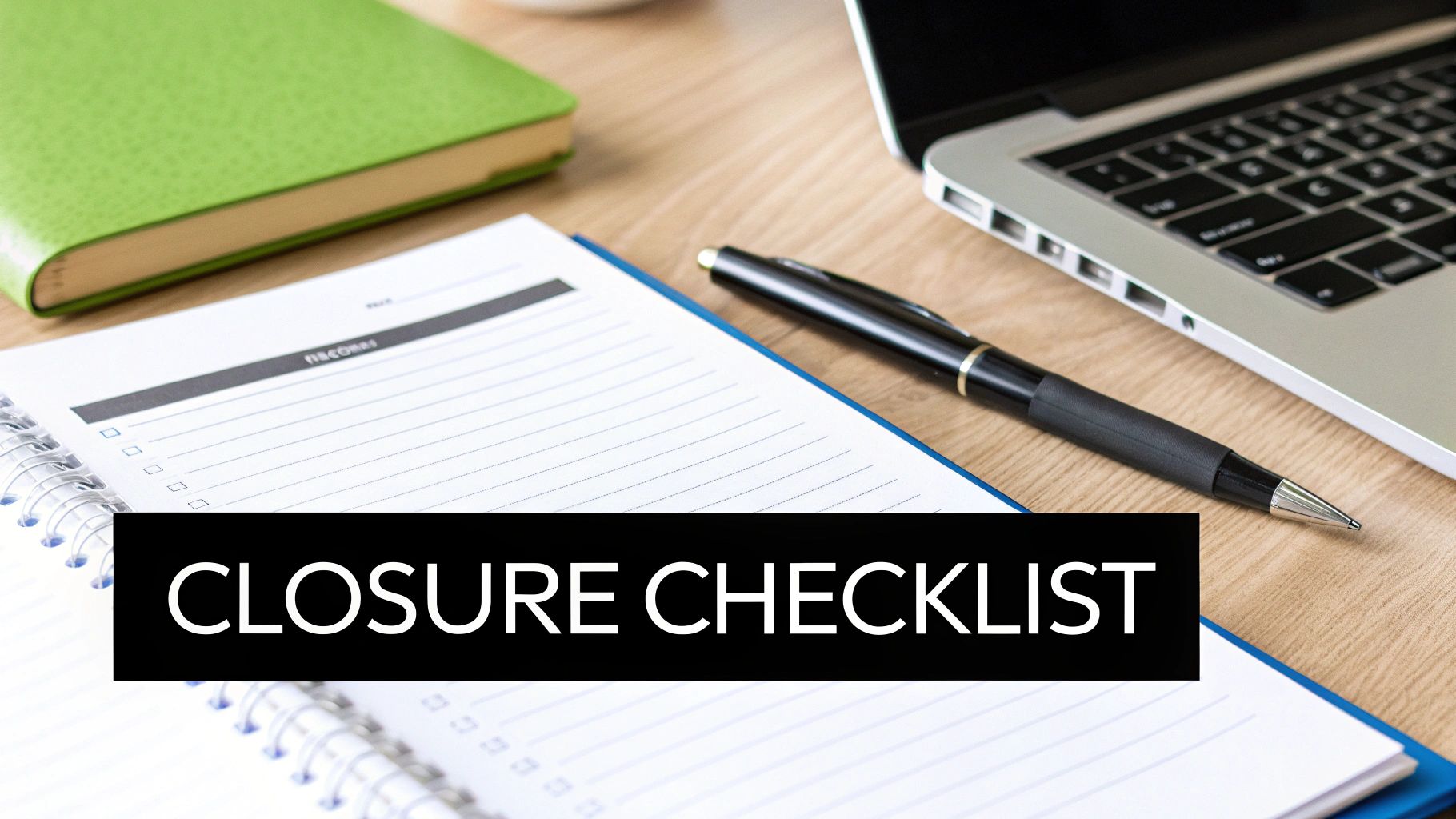 A 'Closure Checklist' document on a notepad with a pen, laptop, and green book on a wooden desk.