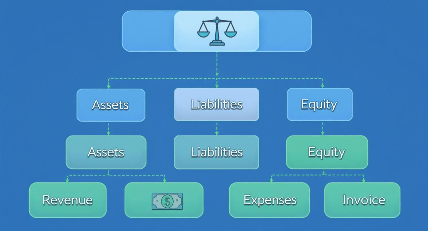A financial accounting diagram illustrating assets, liabilities, equity, revenue, expenses, and invoices, with a balance scale.