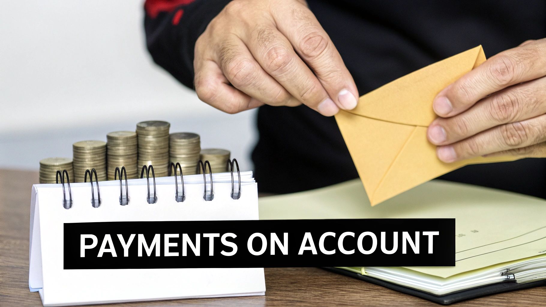 Hands holding envelope with stacked coins and payments on account calendar on desk