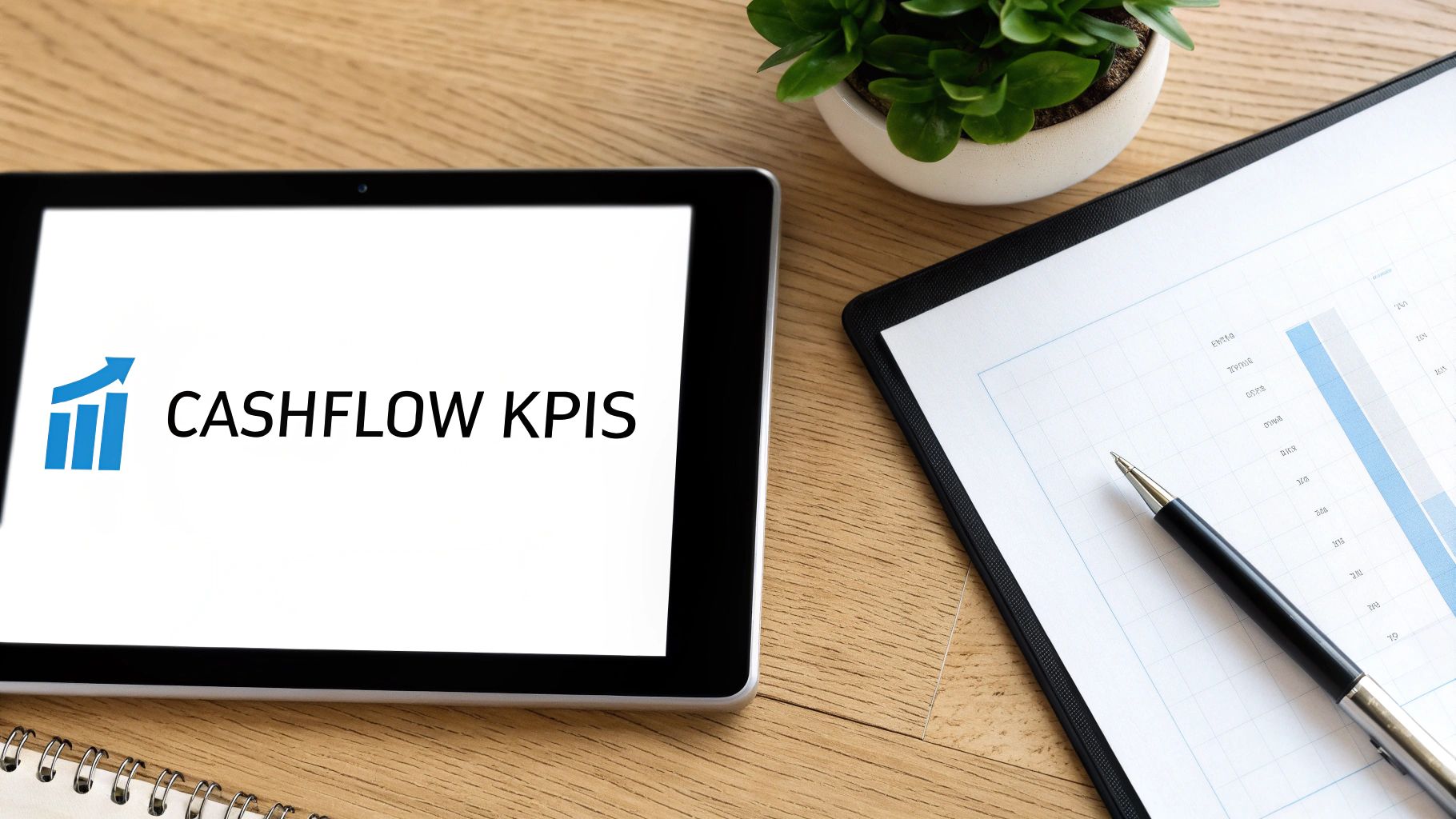 A tablet displaying 'CASHFLOW KPIS' with a bar chart, next to a financial graph and pen.