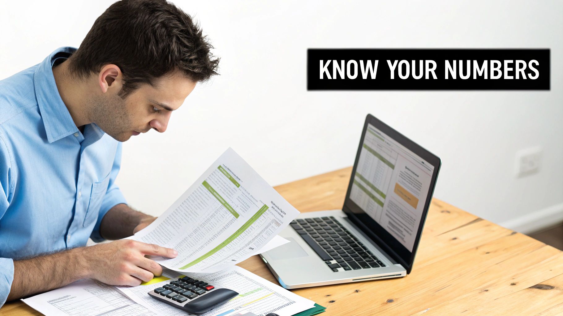 A man reviews financial documents and calculations on a wooden desk with a laptop, focusing on numbers.