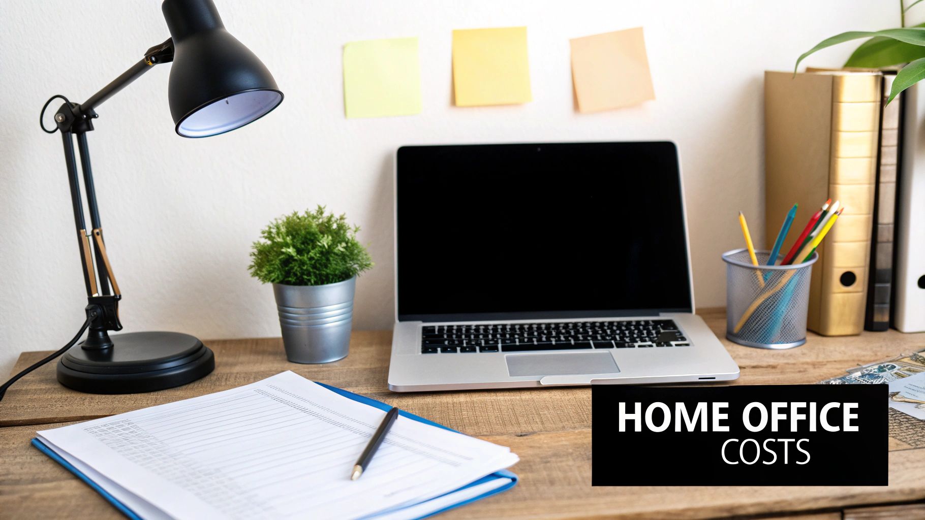 A modern, well-lit home office setup with a laptop, monitor, and organised desk accessories