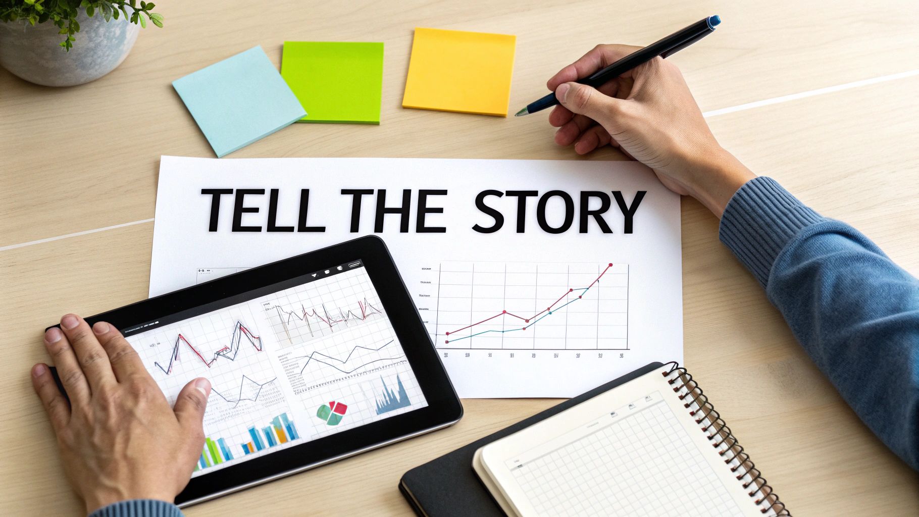 A person analyzing data on a tablet and paper with 'TELL THE STORY' text, representing business insights.
