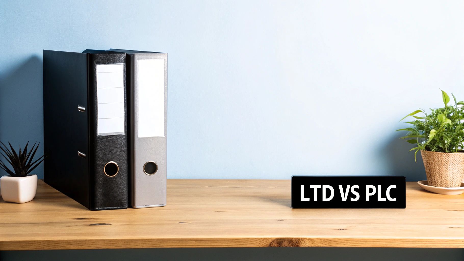 A desk setup featuring office binders, green plants, and a sign displaying "LTD VS PLC."