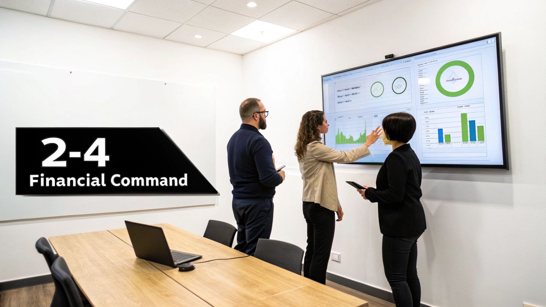 Three business professionals discuss financial data on a large screen in a modern meeting room.